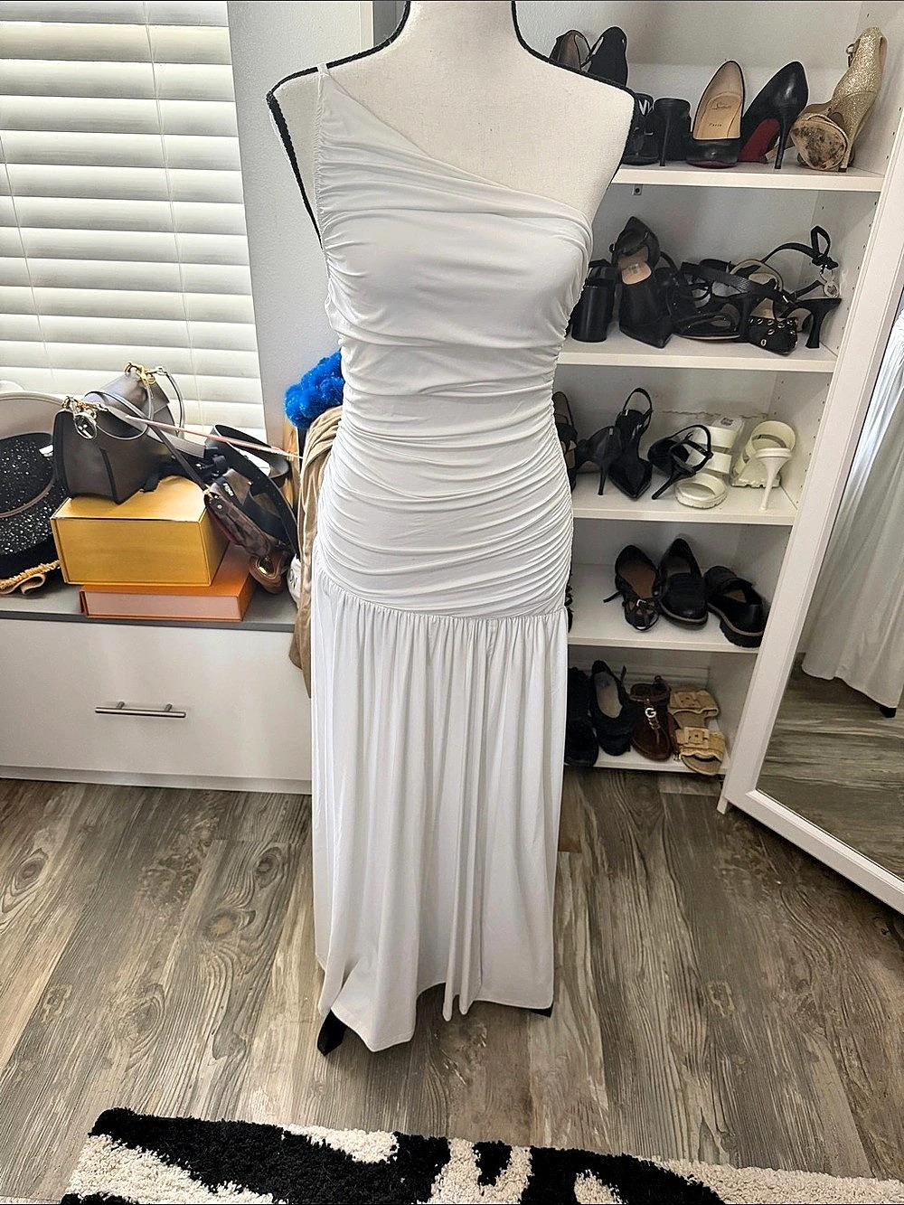 Ruched One-Shoulder Maxi Dress in White Like New